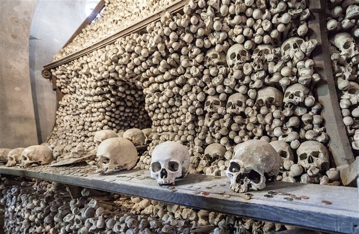 Interior of the Sedlec Ossuary with bone decorations by František Rint