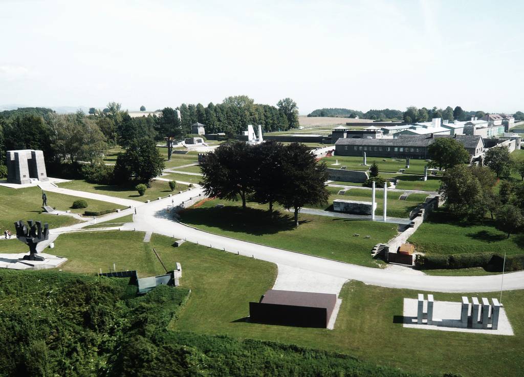 Grounds of Mauthausen Memorial with memorials to the victims