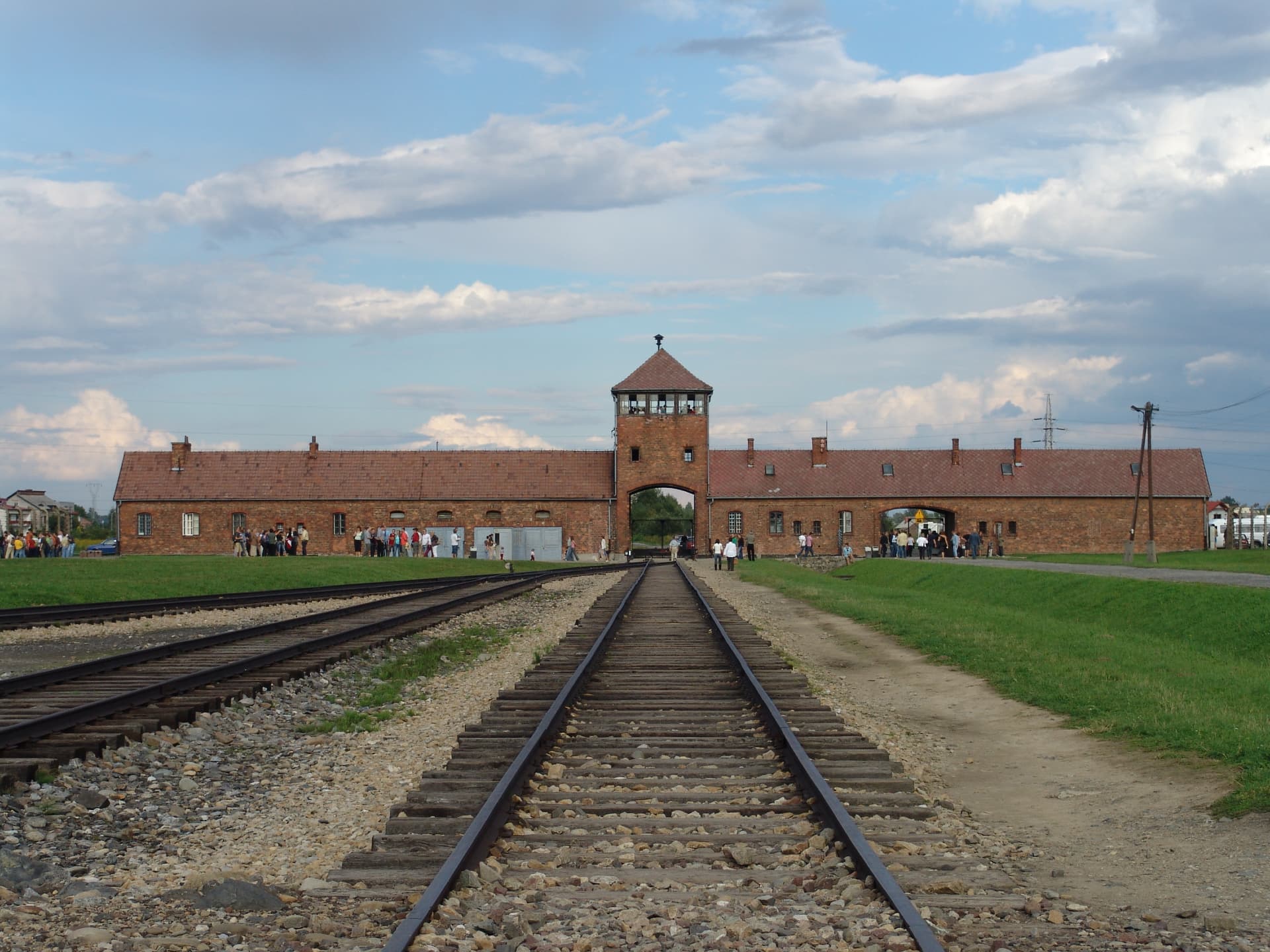 Gatehouse and railway tracks at Auschwitz II-Birkenau