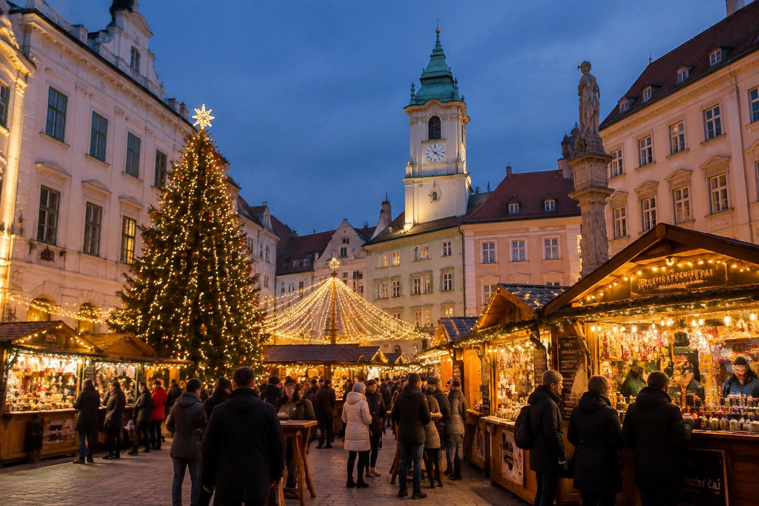 Illuminated Christmas market in Bratislava's Old Town at night