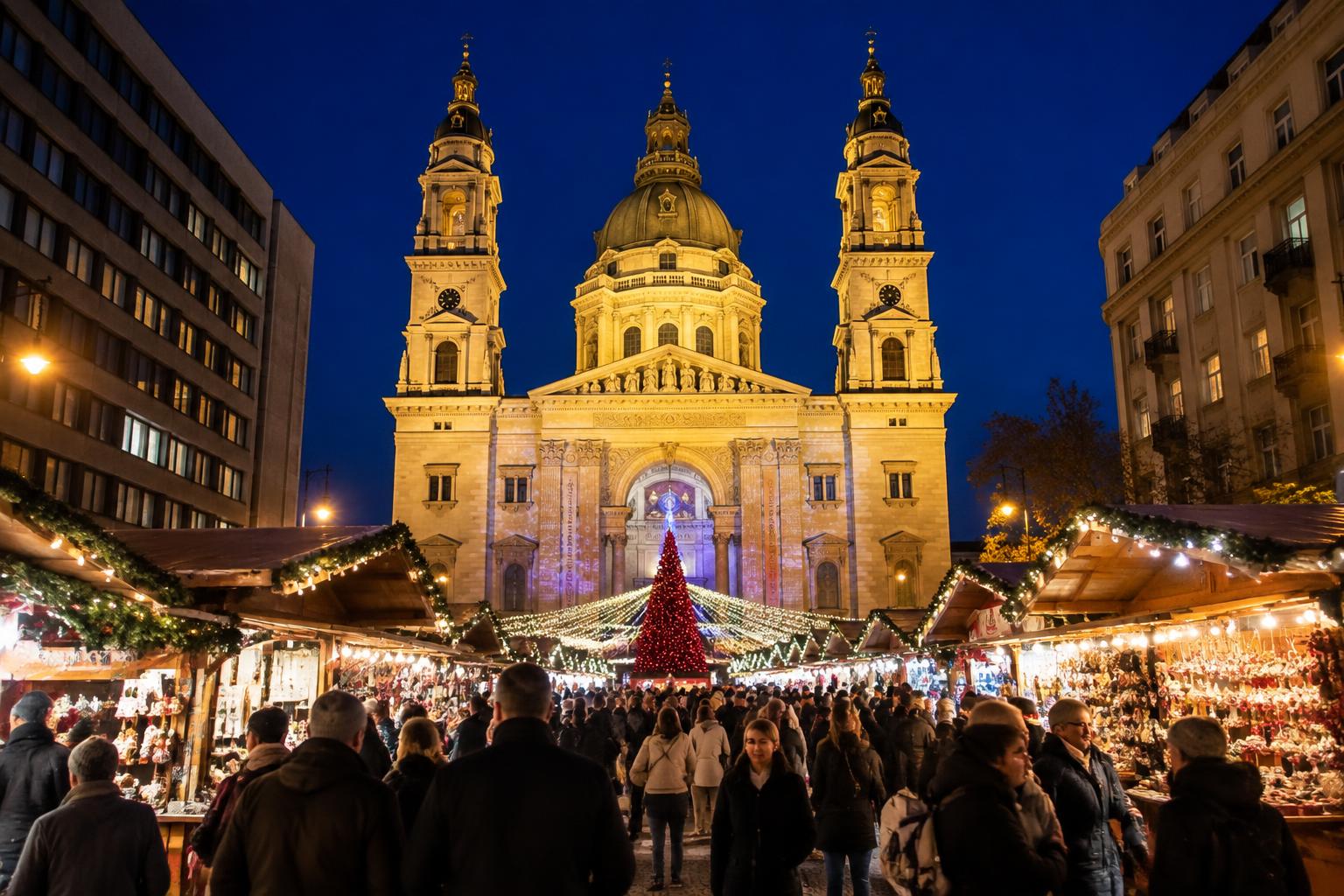 Advent market in Budapest in front of the illuminated St Stephen's Basilica at night