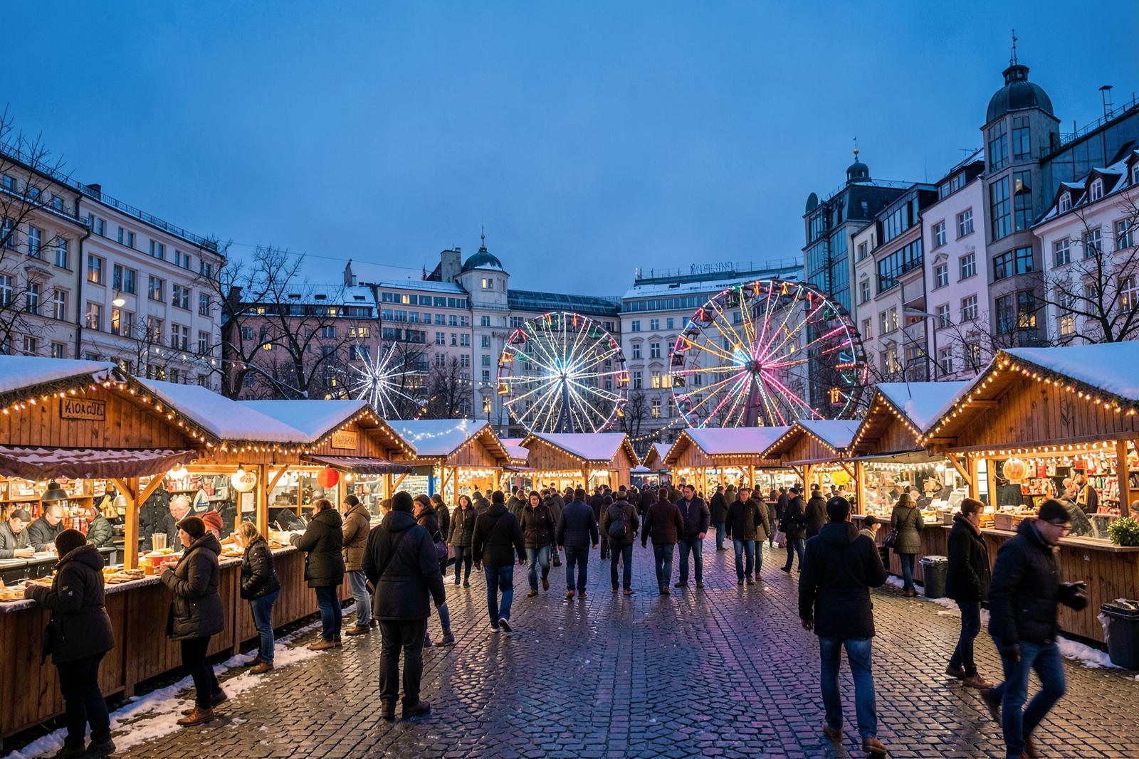 Katowice Christmas market with illuminated stalls and festive decorations