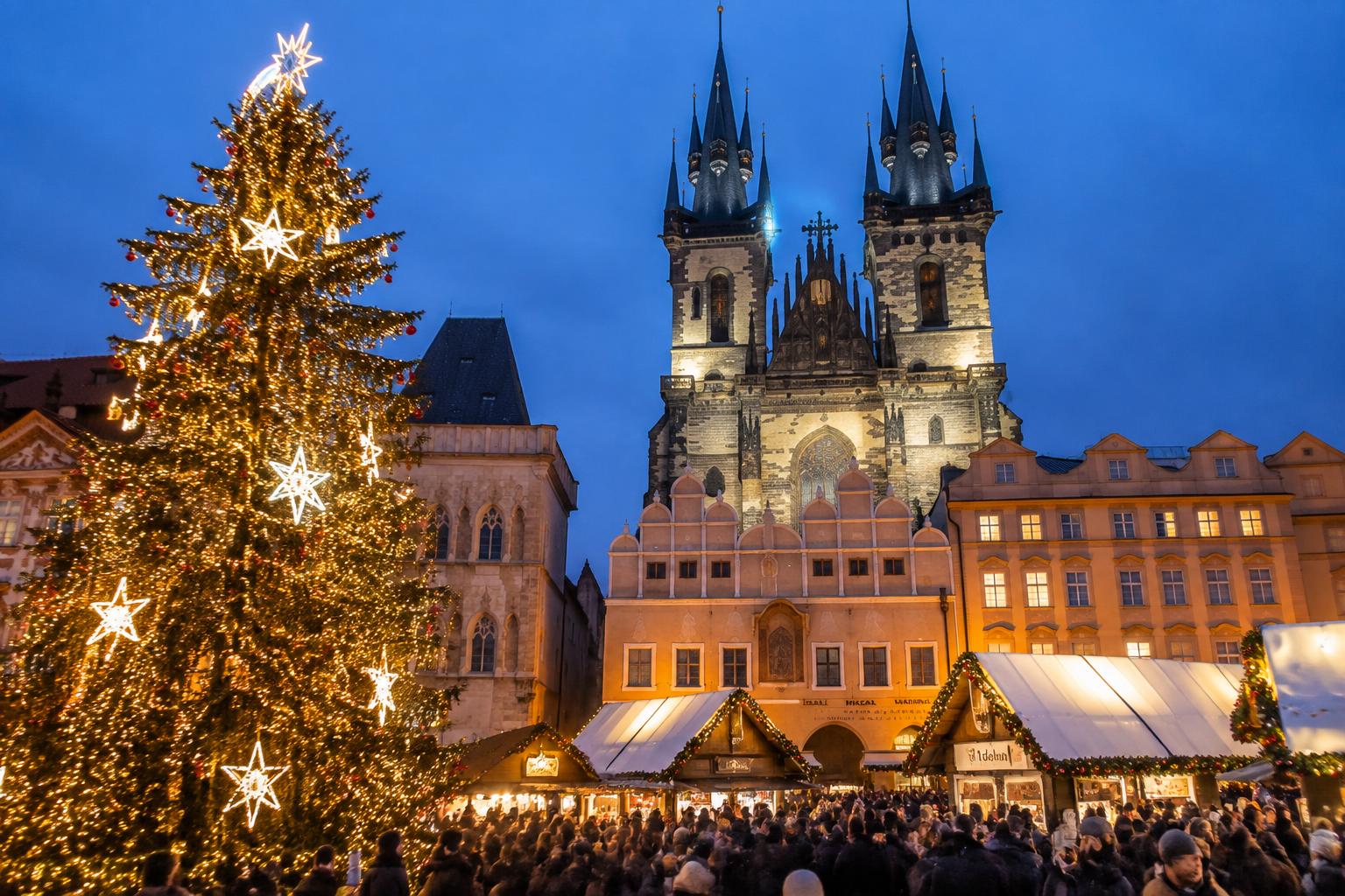Prague Old Town Square Christmas market with illuminated Christmas tree at dusk